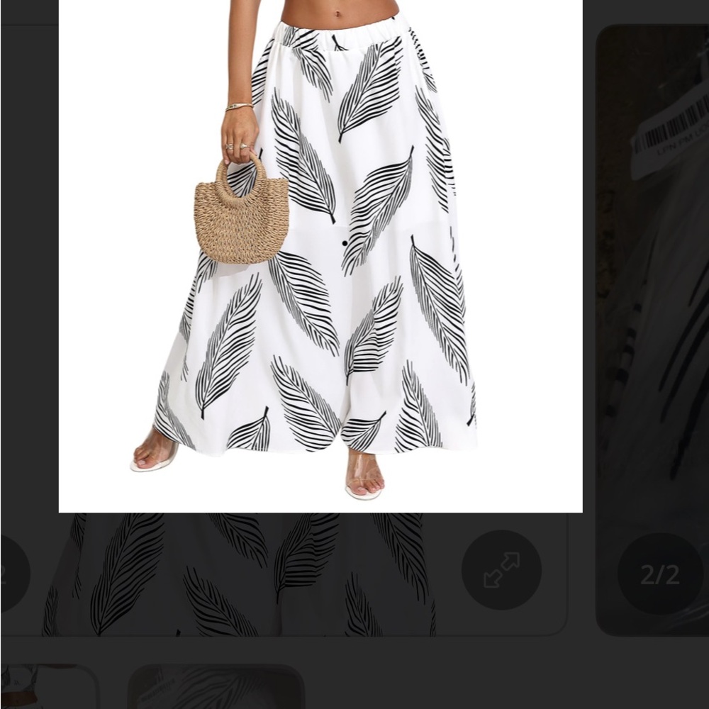 Elegant Black and White Leaf Print Maxi Skirt